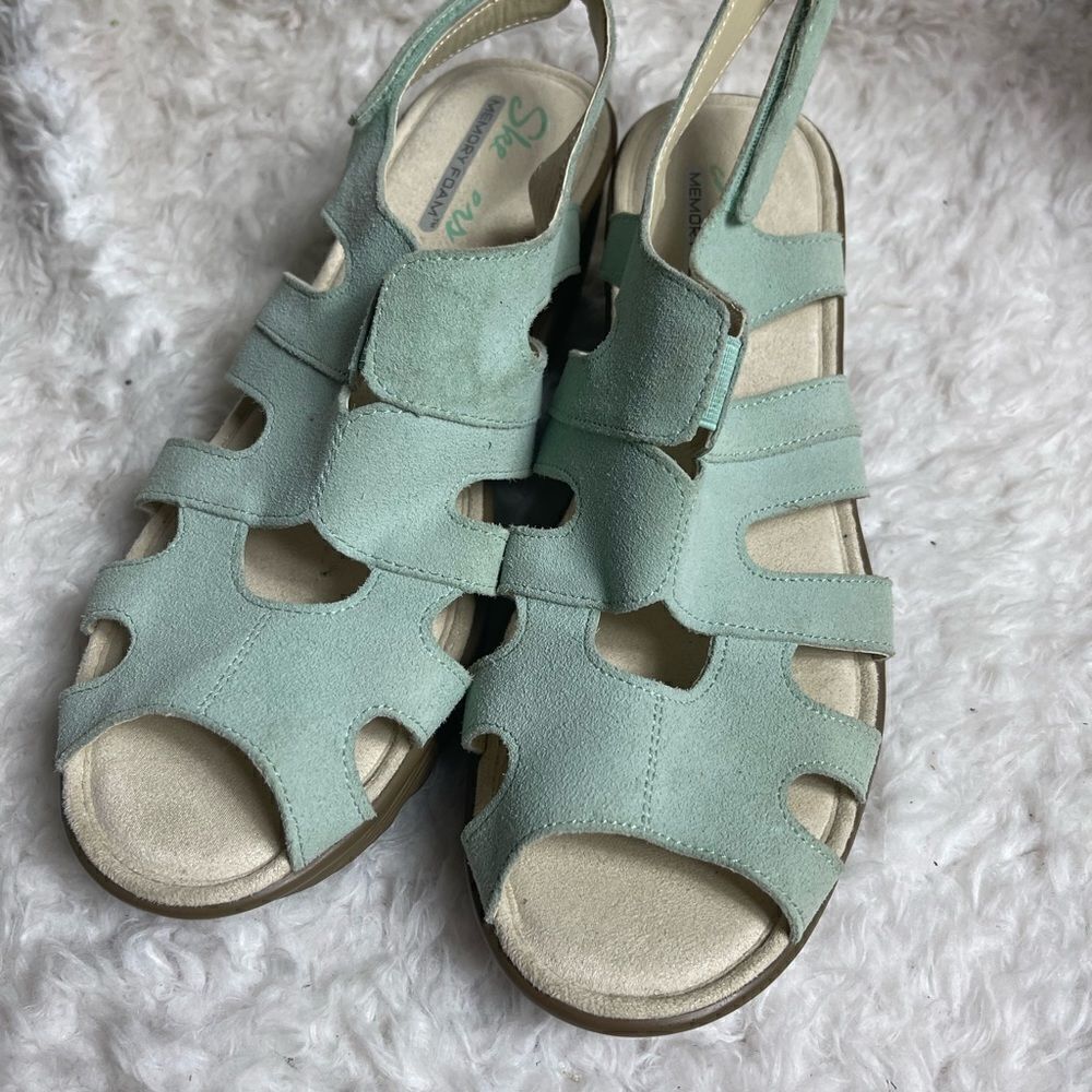 Skechers Mint green Suede  straps Wedges Sandals  Memory Foam Size 9.5W - Picture 4 of 10